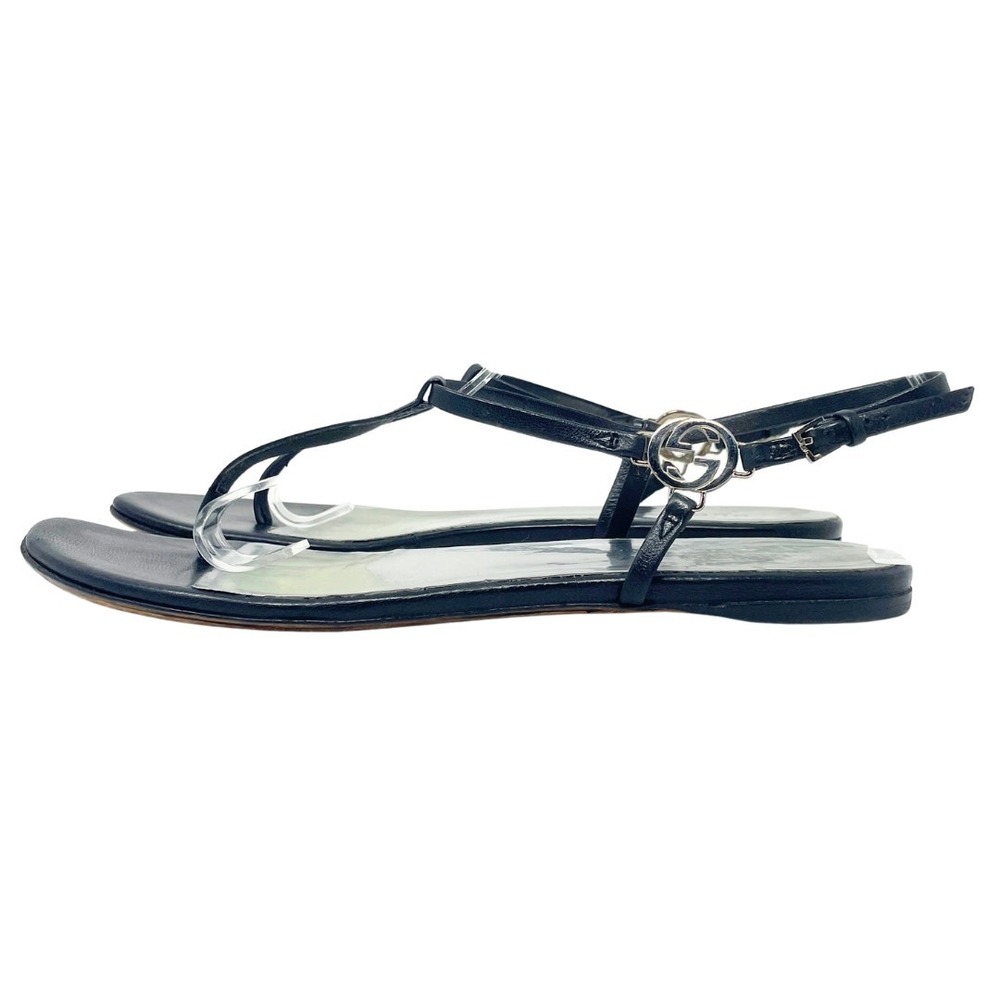 Gucci Thong Sandals Interlocking GG Logo White Gold Black Leather Flats 37.5 - Picture 5 of 11